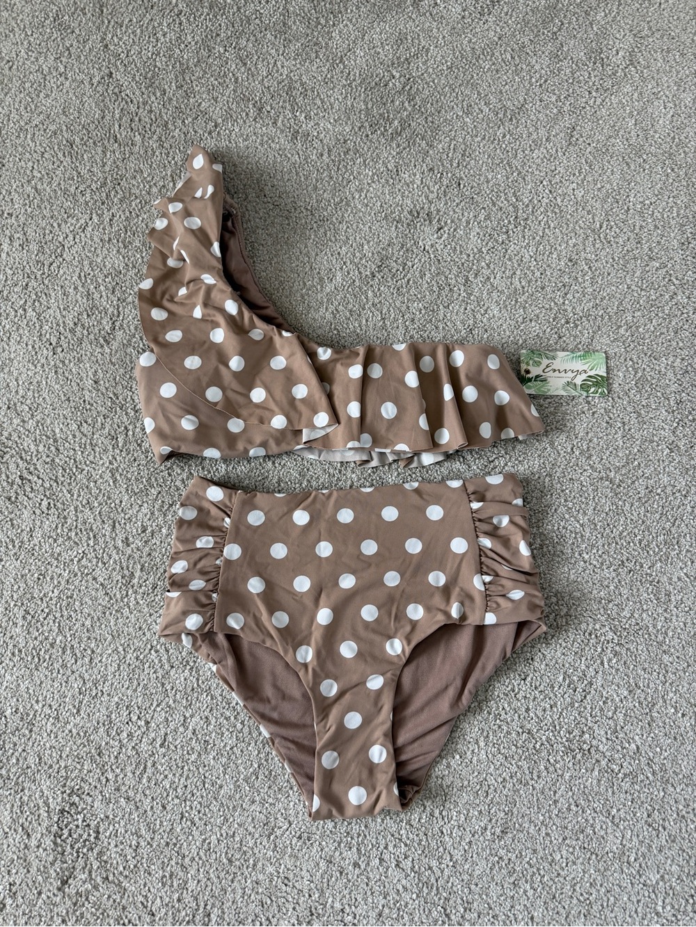 Polka Dot One-Shoulder Bikini Set in Taupe